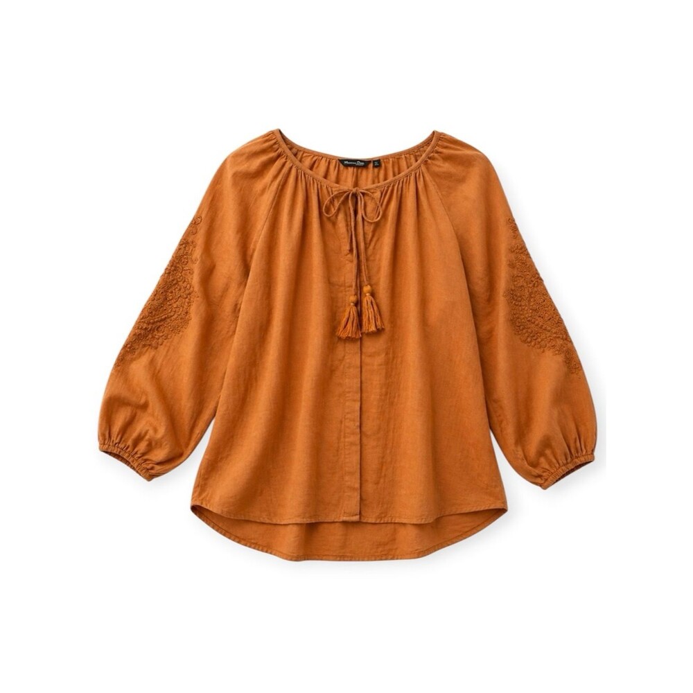 Massimo Dutti Cotton Rust Orange Button Front Embroidered Top Shirt Size Medium